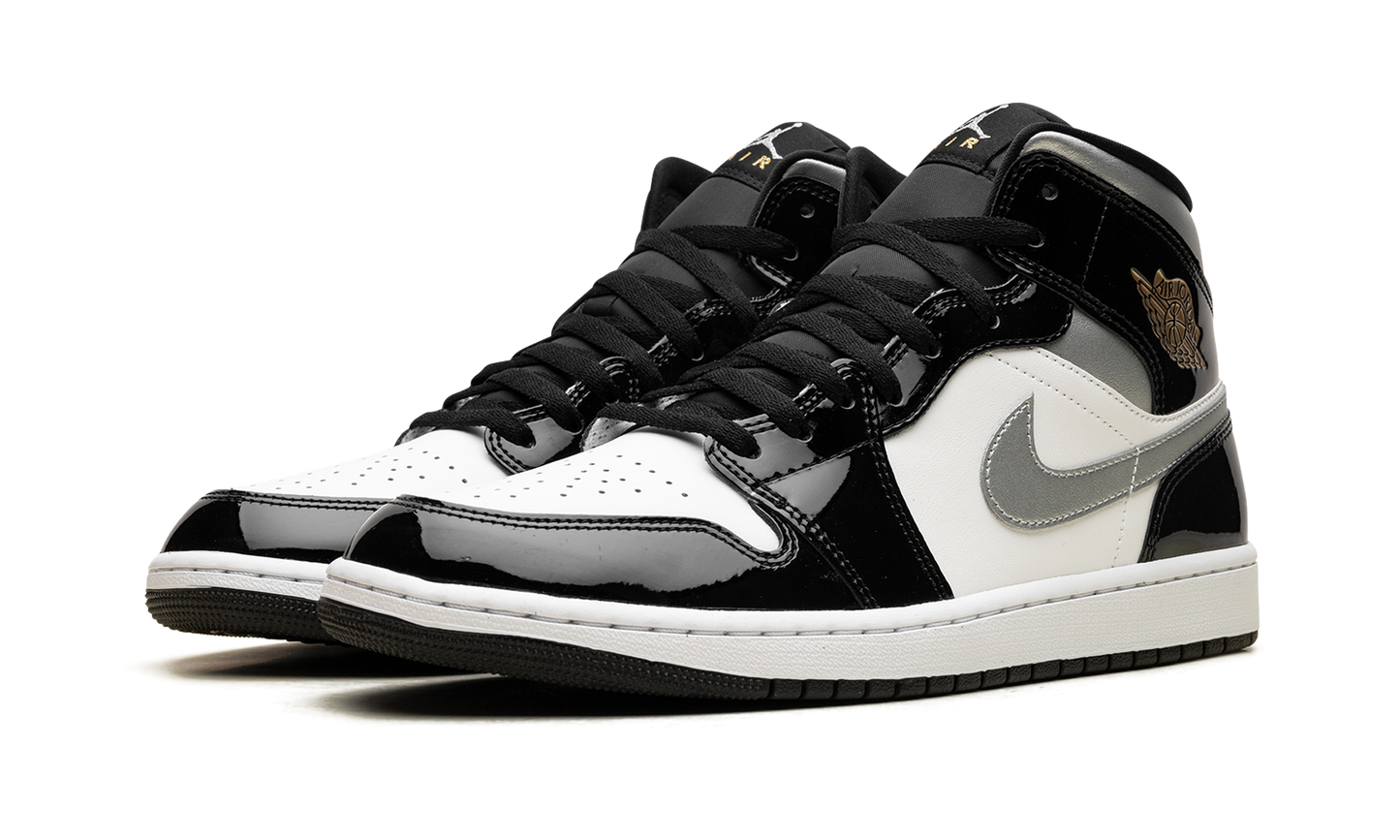 Air Jordan 1 Mid SE Patent Black White Metallic Silver Metallic Gold