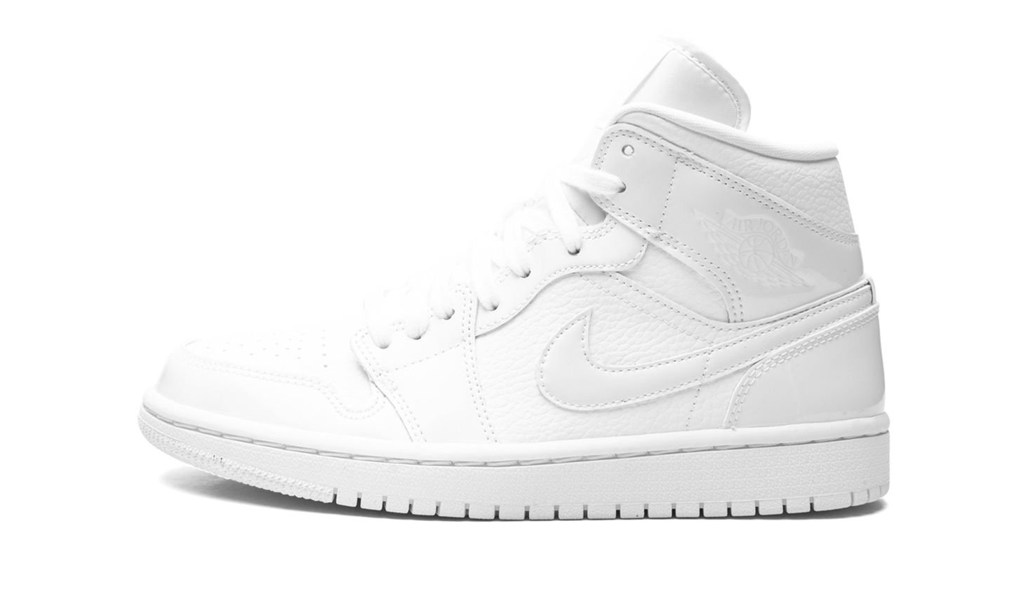 Air Jordan 1 Mid Triple White Patent Swoosh