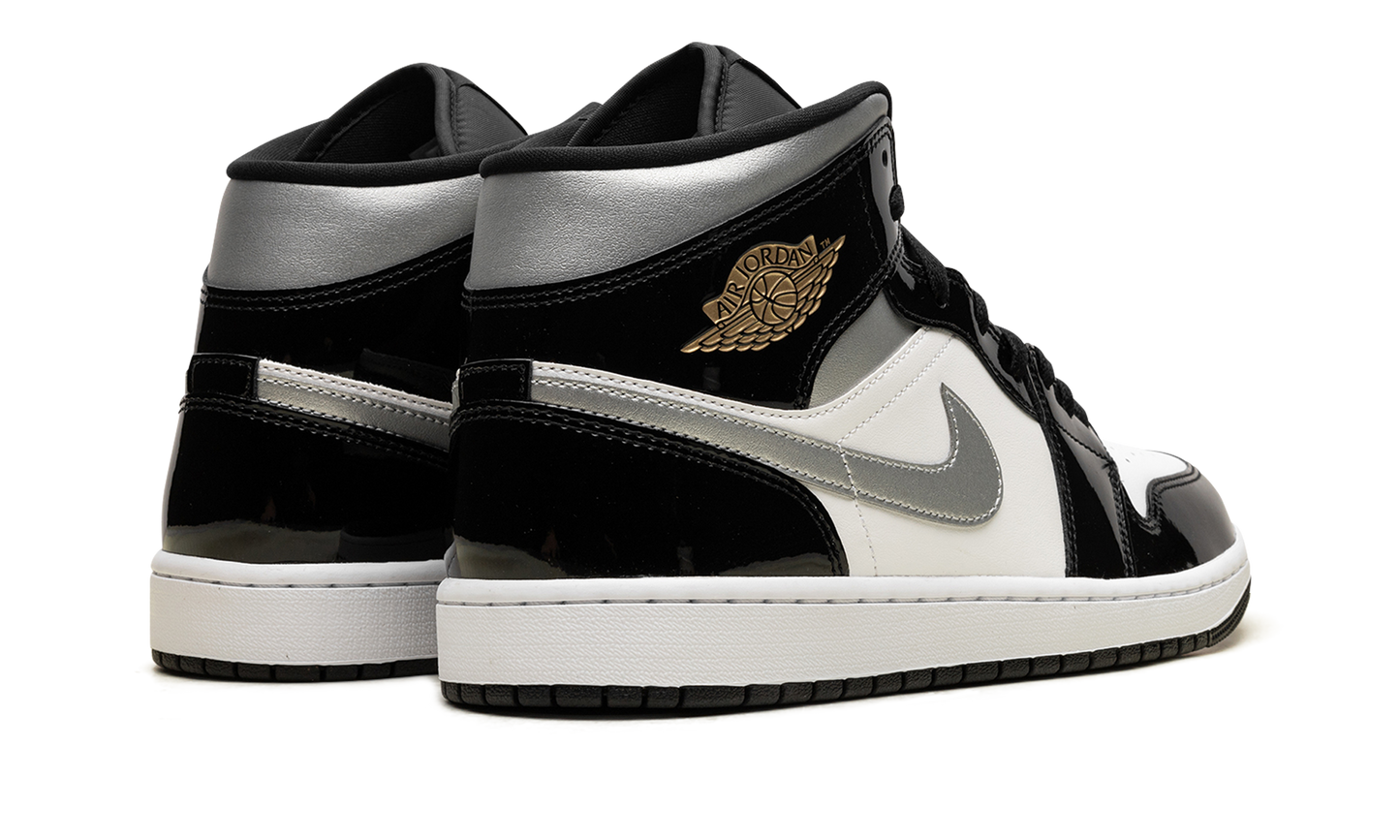 Air Jordan 1 Mid SE Patent Black White Metallic Silver Metallic Gold