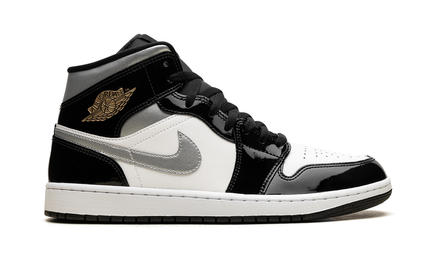 Air Jordan 1 Mid SE Patent Black White Metallic Silver Metallic Gold